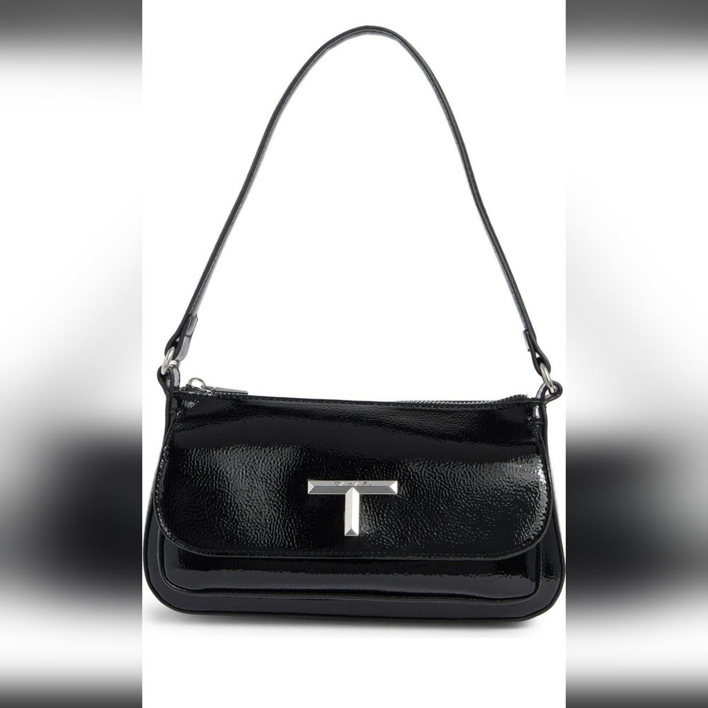 Tahari Gibbs Shiny PU Mini Shoulder Black Bag with Silver T Accent